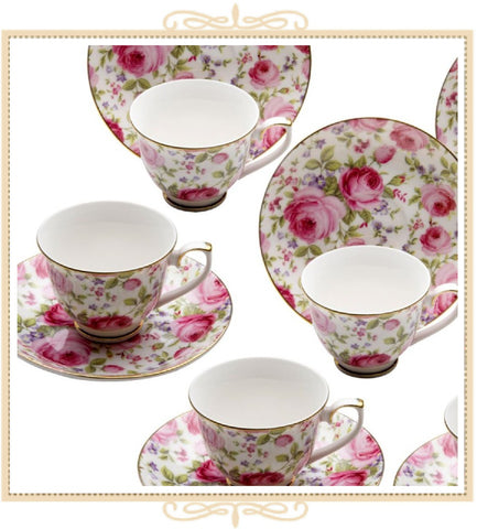 Pink Climb Rose Vine Demi Cup Saucer, Set of 4. Boxed