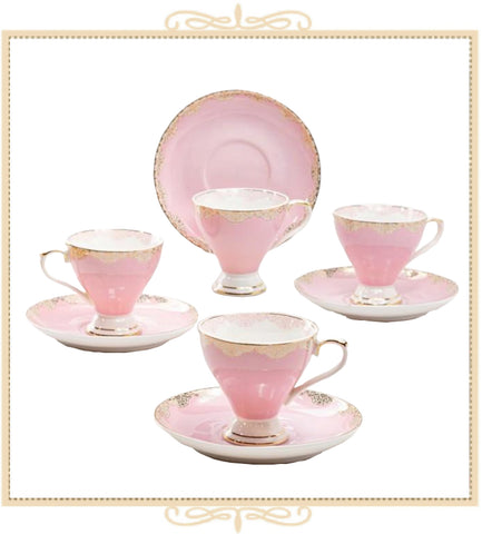 Gold Lace Pink Demi Cup Saucer, Set of 4. Boxed