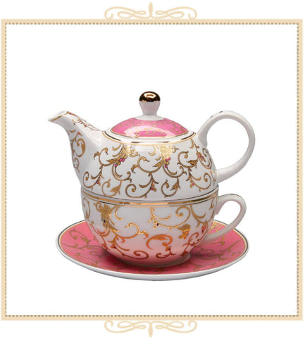 Pink/Gold Scroll 4 Piece Tea for One