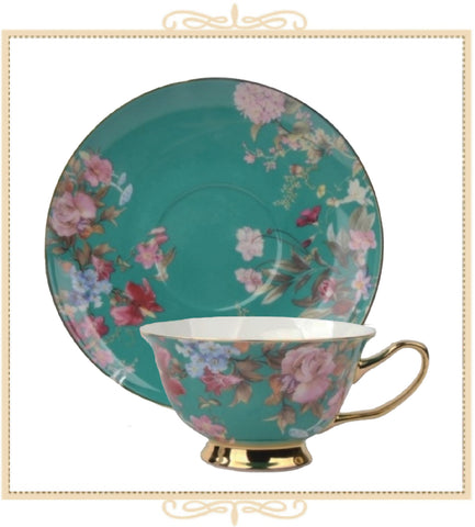 Pink Hydrangea Green Teacup and Saucer