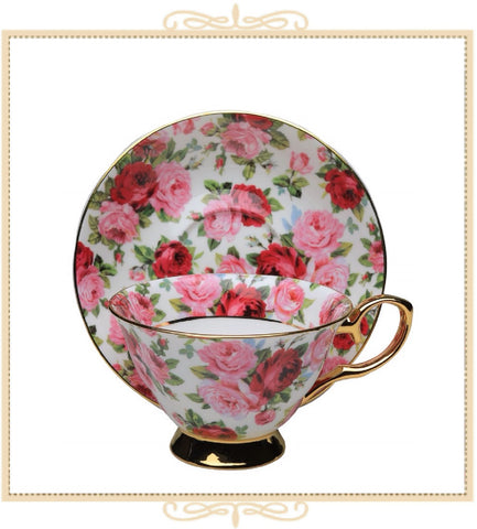 Pink and Red Rose with Gold Teacup and Saucer