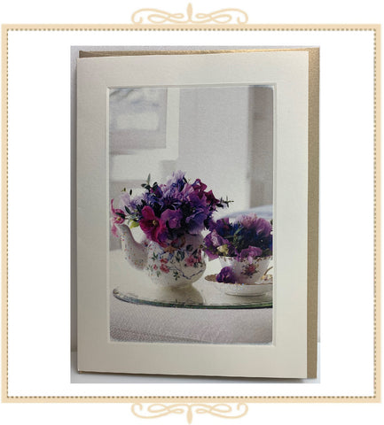 Teapot and Teacup with Purple Flowers Greeting Card (QM23)