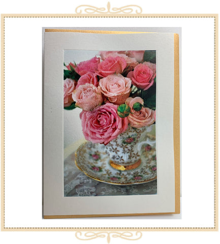 Teacup of Pink Roses Greeting Card (QM26)