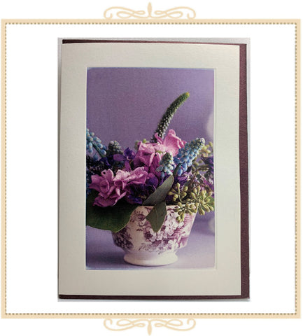 Teacup of Purple Flowers Greeting Card (QM28)