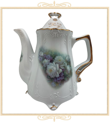 Queen Mary Signature Teapot White Roses With Purple Flowers