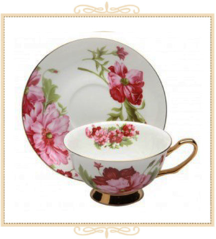 Pink & Red Flower Teacup and Saucer