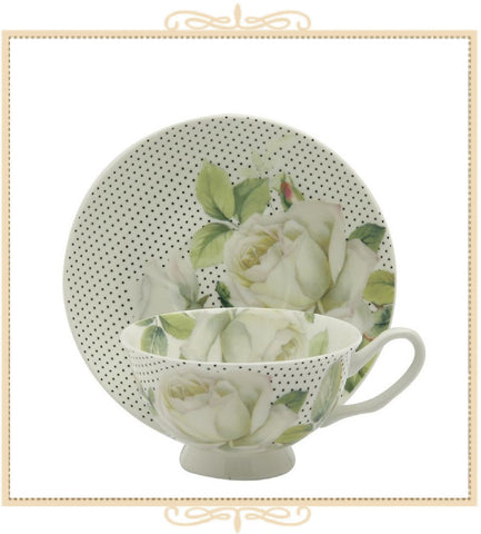 White Rose With Pin Dots Teacup and Saucer