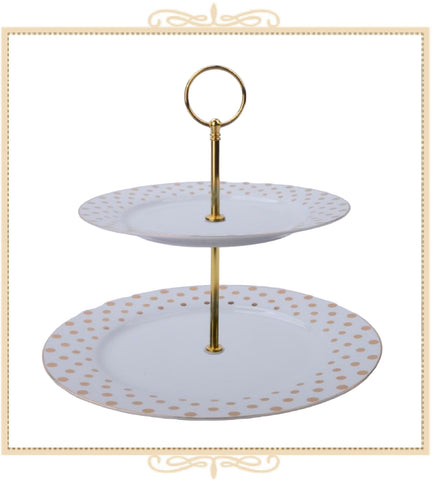 White Gold Polka Dots 2 Tier Serving Tray